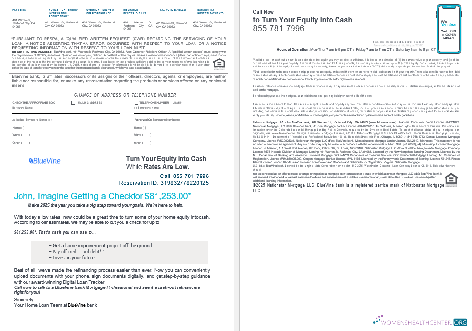 USA California BlueVine bank mortgage loan statement in Word and PDF formats , 4 pages 3 4